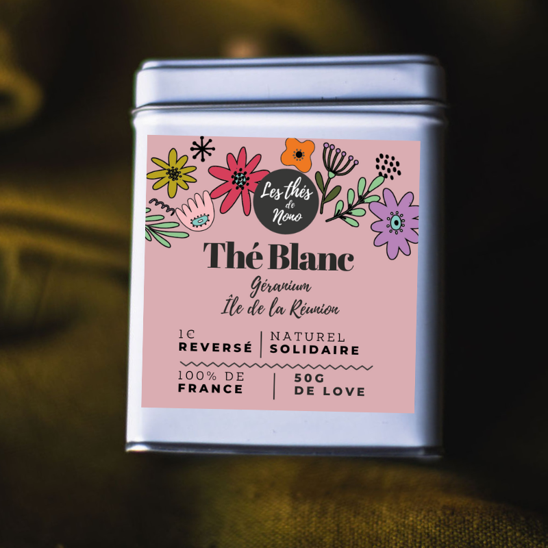 Boite thé blanc géranium île de la Réunion Les Thés de Nono